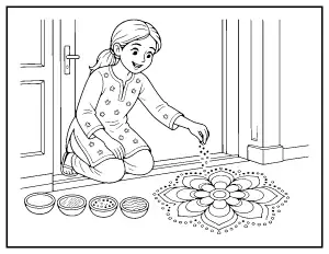 Girl Making a Rangoli coloring page – printable line art