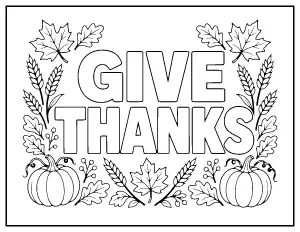 Give Thanks Lettering with Autumn Leaves coloring page – printable line art