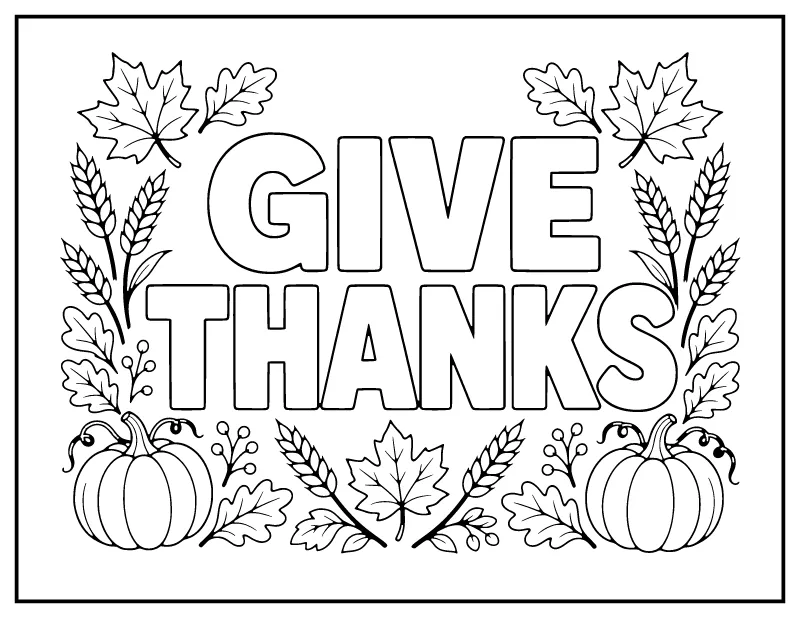 Give Thanks Lettering with Autumn Leaves coloring page – printable black and white line art
