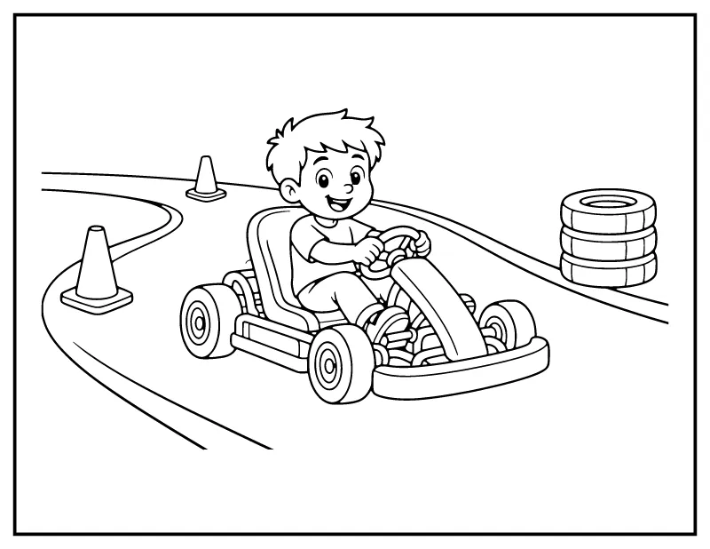 Go-Kart Racing coloring page – printable black and white line art