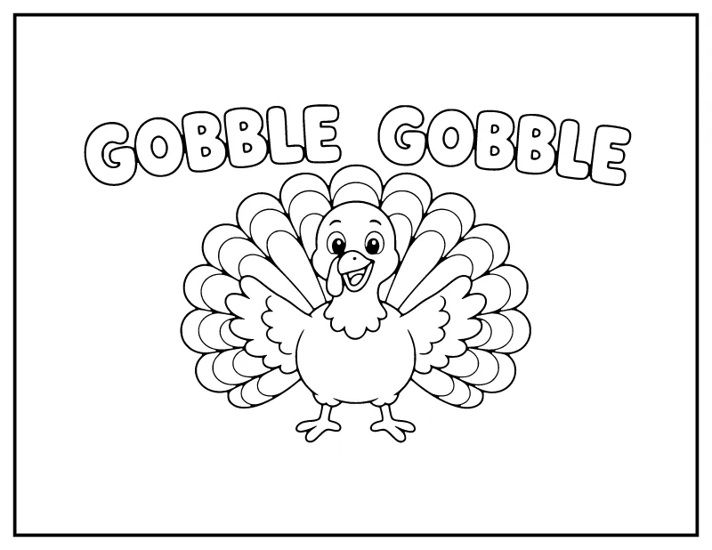 Gobble Gobble Turkey Bubble Letters coloring page – printable black and white line art