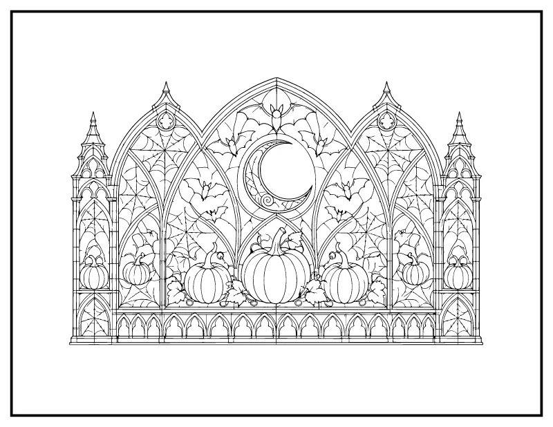 Gothic Stained Glass Window for Adults coloring page – printable black and white line art