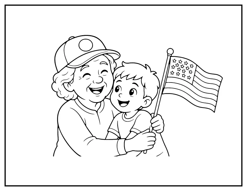 Grandma Veteran Hugging Her Grandchild coloring page – printable black and white line art