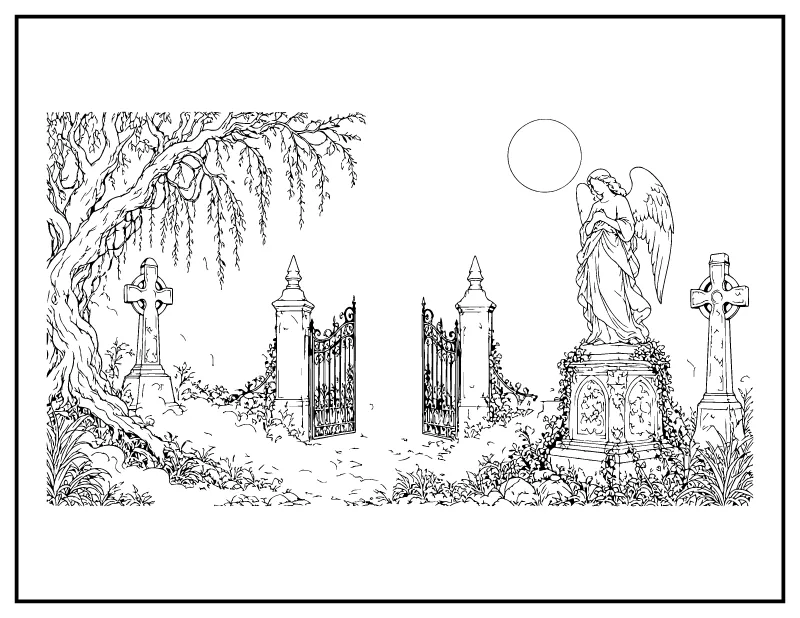 Gothic Graveyard with an Angel Statue coloring page – printable black and white line art