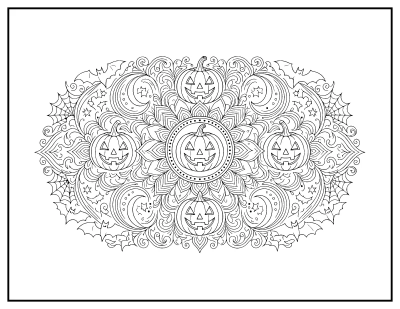 Halloween Mandala for Adults coloring page – printable black and white line art