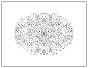 Halloween Mandala with Pumpkins and Bats coloring page – printable line art