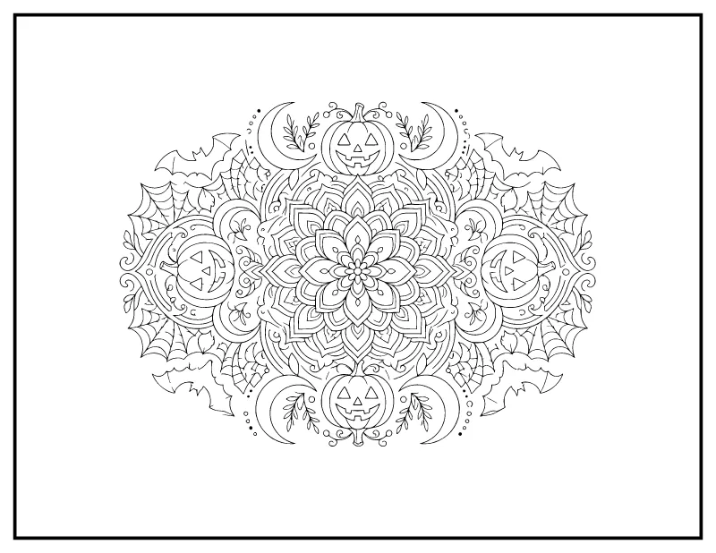 Halloween Mandala with Pumpkins and Bats coloring page – printable black and white line art