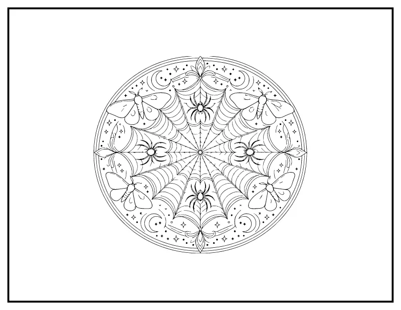 Spiderweb and Moth Mandala coloring page – printable black and white line art