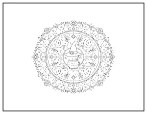 Witch Hat and Cauldron Mandala coloring page – printable line art