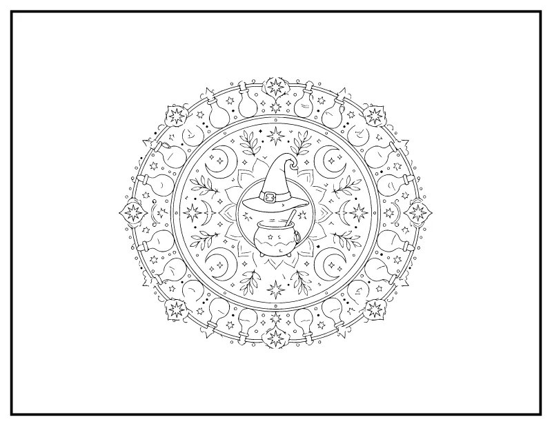 Witch Hat and Cauldron Mandala coloring page – printable black and white line art
