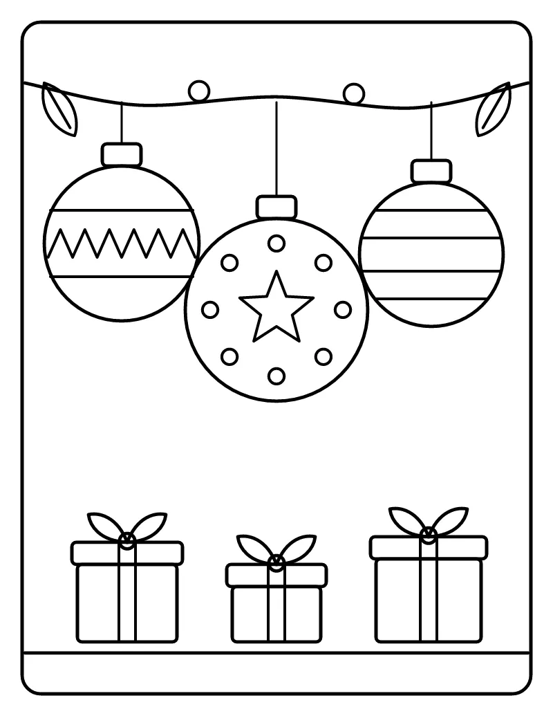 Hanging Christmas Ornaments coloring page – printable black and white line art