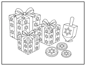 Hanukkah Gifts with Dreidel and Gelt coloring page – printable line art