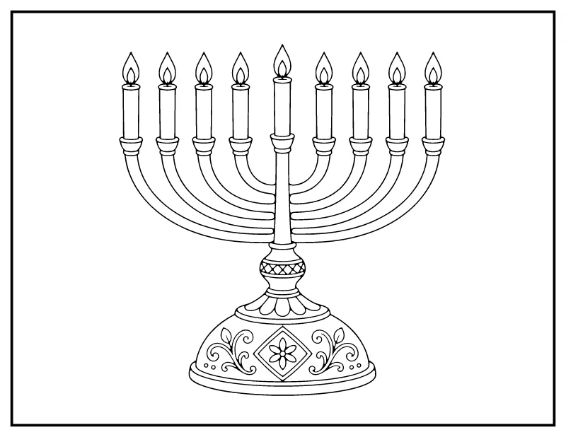 Hanukkah Menorah with Nine Candles coloring page – printable black and white line art