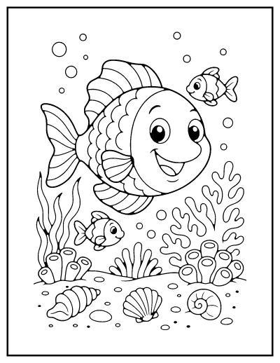 Happy Fish Under the Sea coloring page – printable line art