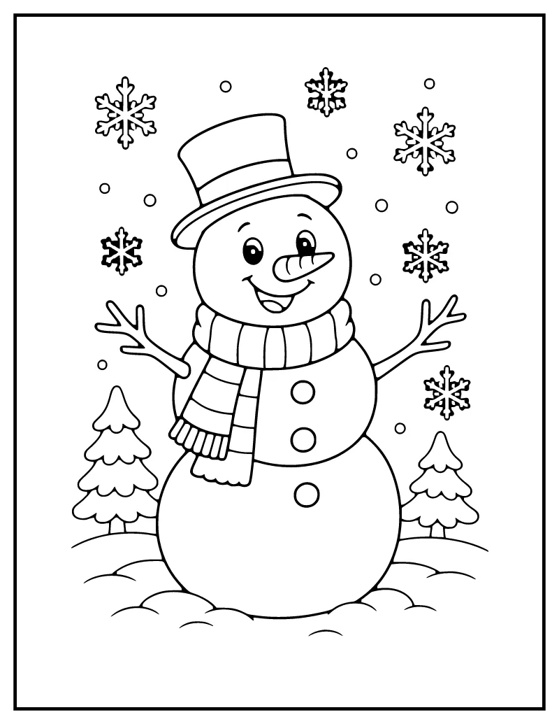 Happy Snowman coloring page – printable black and white line art
