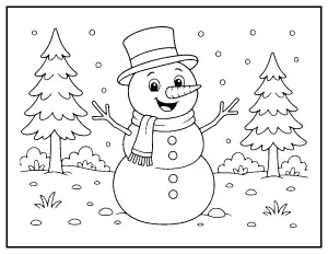 Happy Snowman in a Snowy Yard coloring page – printable line art