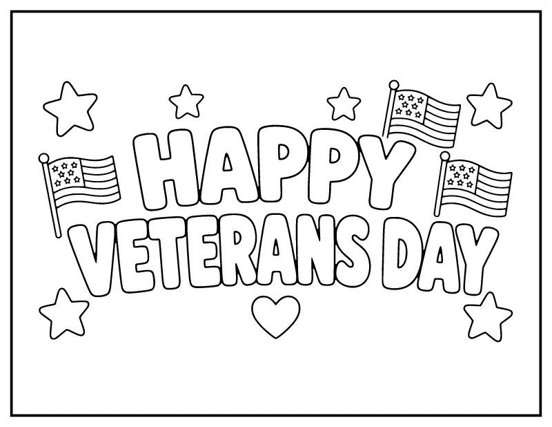 Happy Veterans Day Bubble Letters coloring page – printable black and white line art