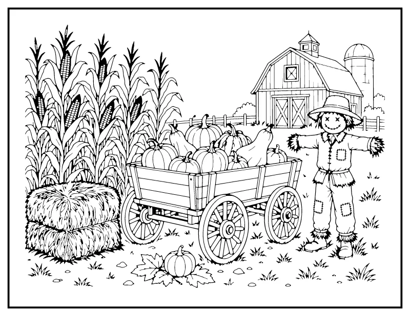 Harvest Wagon with Pumpkins and Scarecrow coloring page – printable black and white line art