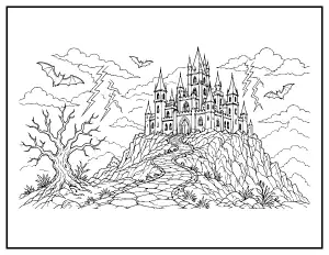 Haunted Castle on a Cliff coloring page – printable line art