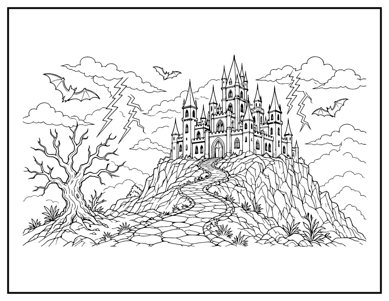 Haunted Castle on a Cliff coloring page – printable black and white line art