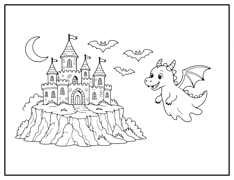Castle on a Cliff with a Friendly Dragon Ghost coloring page – printable black and white line art
