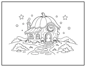 Haunted Cottage with a Pumpkin Roof coloring page – printable line art