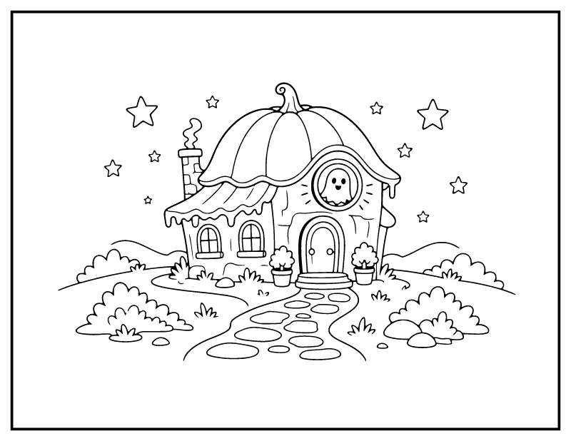 Haunted Cottage with a Pumpkin Roof coloring page – printable black and white line art