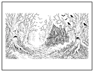 Haunted Forest with Faces in the Trees and a Cabin coloring page – printable line art