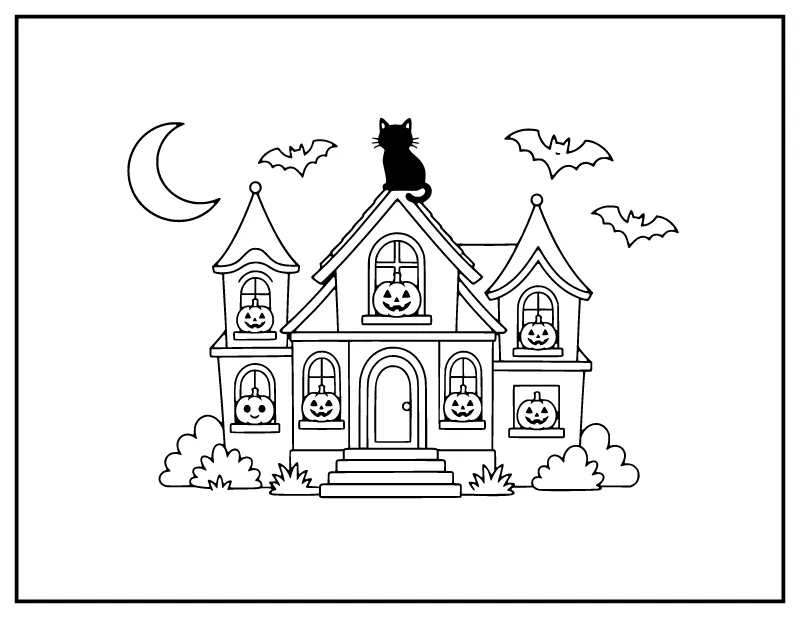 Haunted House with a Cat on the Roof coloring page – printable black and white line art