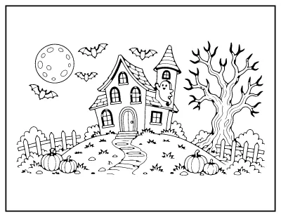 Haunted House on a Hill coloring page – printable line art