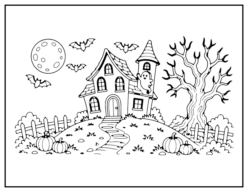 Haunted House on a Hill coloring page – printable black and white line art