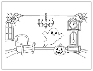 Haunted House Room with a Ghost coloring page – printable line art