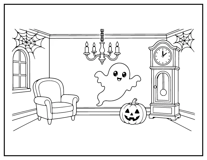 Haunted House Room with a Ghost coloring page – printable black and white line art