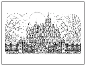 Gothic Haunted Mansion Behind the Iron Fence coloring page – printable line art