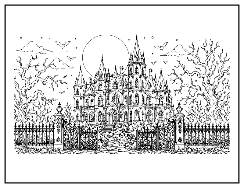 Gothic Haunted Mansion Behind the Iron Fence coloring page – printable black and white line art