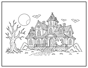 Haunted Mansion under the Moon coloring page – printable line art