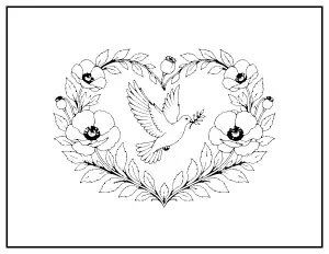 Detailed Heart Wreath with Dove and Poppies coloring page – printable line art
