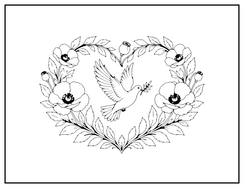 Detailed Heart Wreath with Dove and Poppies coloring page – printable black and white line art