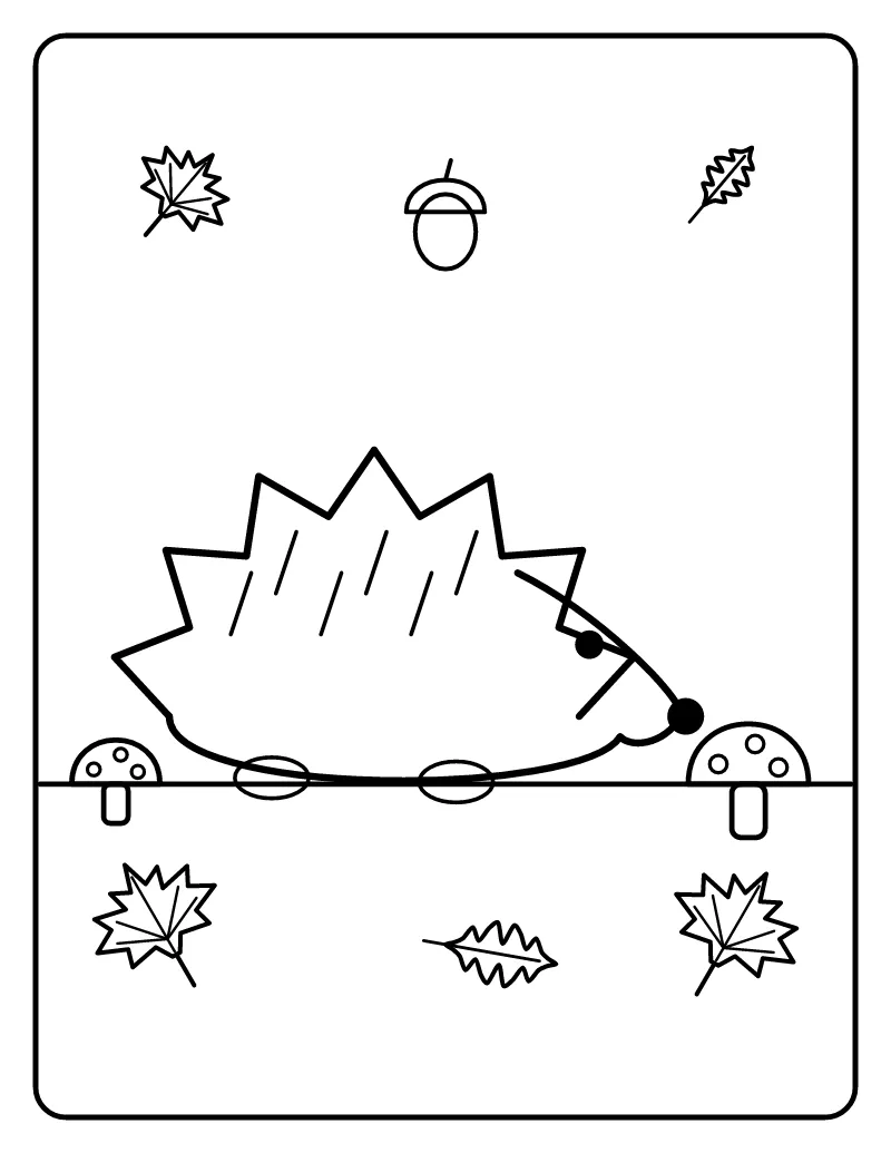 Hedgehog with Autumn Leaves coloring page – printable black and white line art