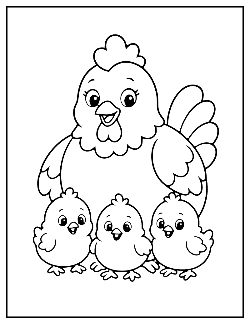 Hen and Chicks coloring page – printable black and white line art