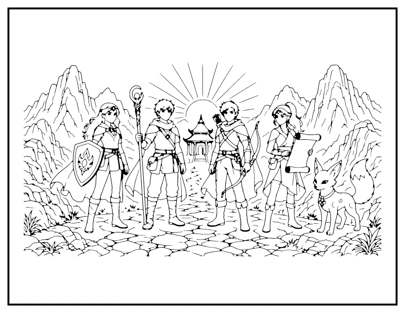 Hero Team at the Mountain Temple coloring page – printable black and white line art