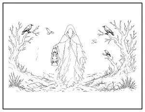 Hooded Ghost with a Lantern on a Foggy Path coloring page – printable line art