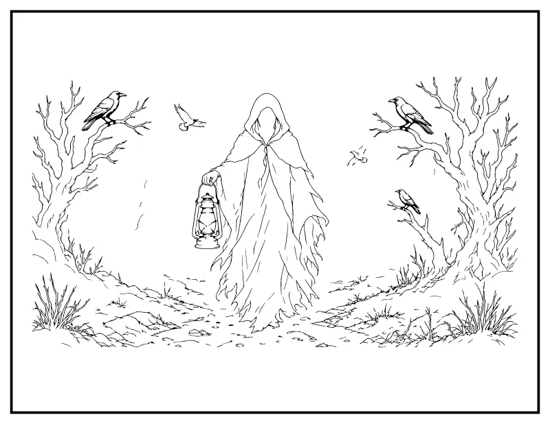 Hooded Ghost with a Lantern on a Foggy Path coloring page – printable black and white line art