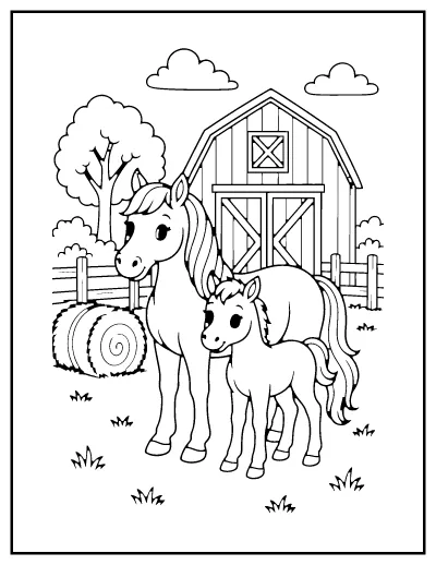 Horse and Foal by the Barn coloring page – printable line art