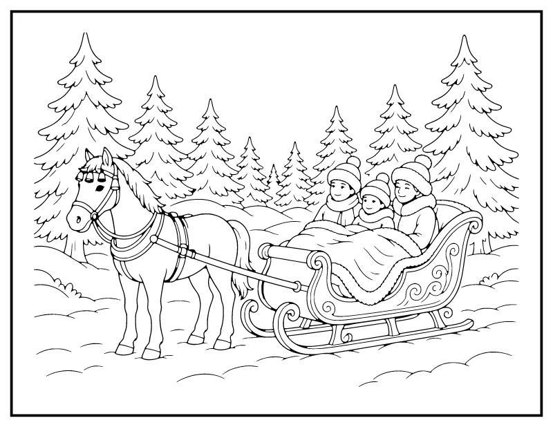 Horse-Drawn Sleigh Ride in a Snowy Forest coloring page – printable black and white line art