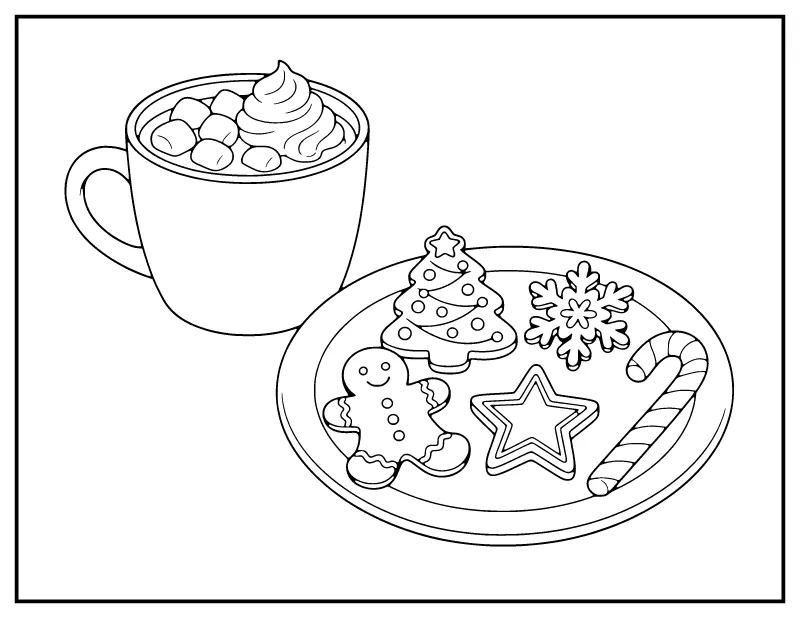 Hot Cocoa and Christmas Cookies coloring page – printable black and white line art
