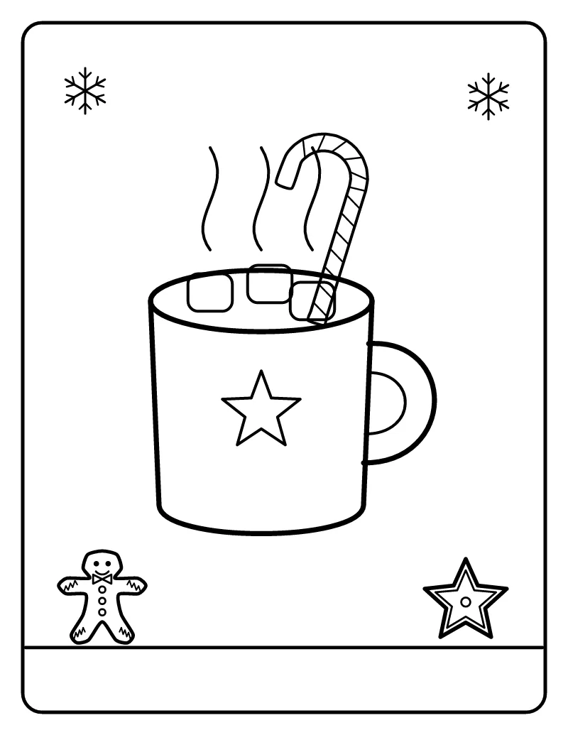 Hot Cocoa with Candy Cane coloring page – printable black and white line art