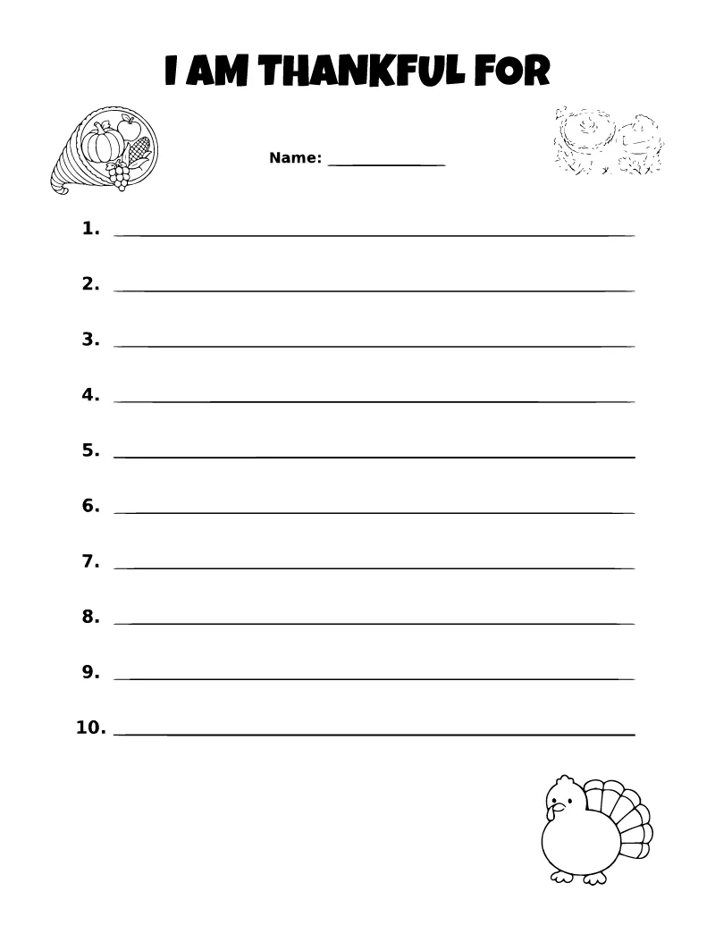I Am Thankful For List Printable coloring page – printable black and white line art