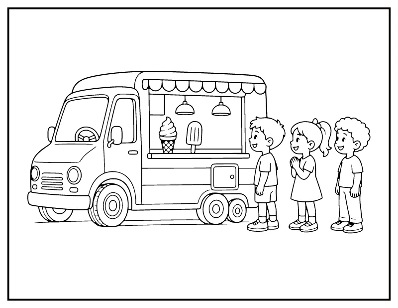 Ice Cream Truck coloring page – printable black and white line art