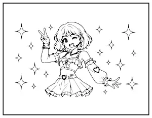K-Pop Idol Girl with Microphone coloring page – printable line art